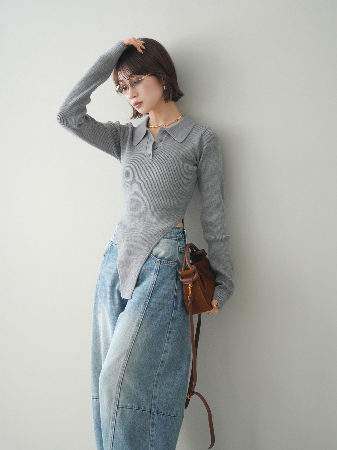 [予約]リブポロニットボディスーツ/mokugray