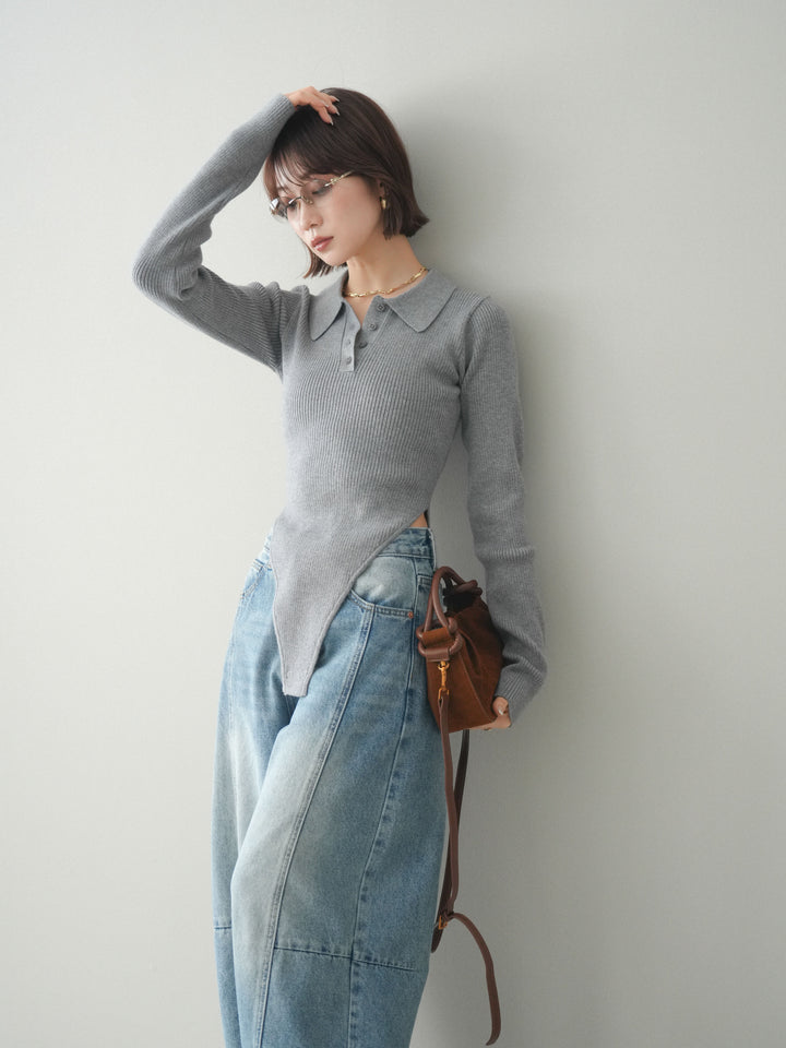 [予約]リブポロニットボディスーツ/mokugray