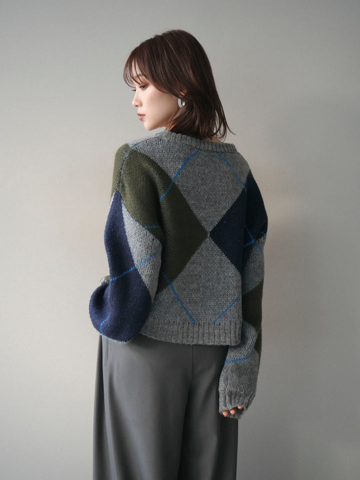 [SET]配色ステッチアーガイル柄ニットプルオーバー+ベルトループデザインワイドパンツ(2set)