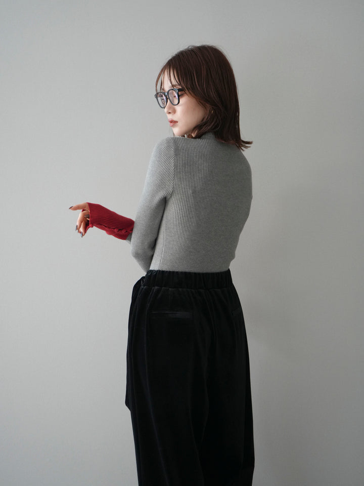 [予約]袖ボタンハイネック配色リブニットトップス/gray