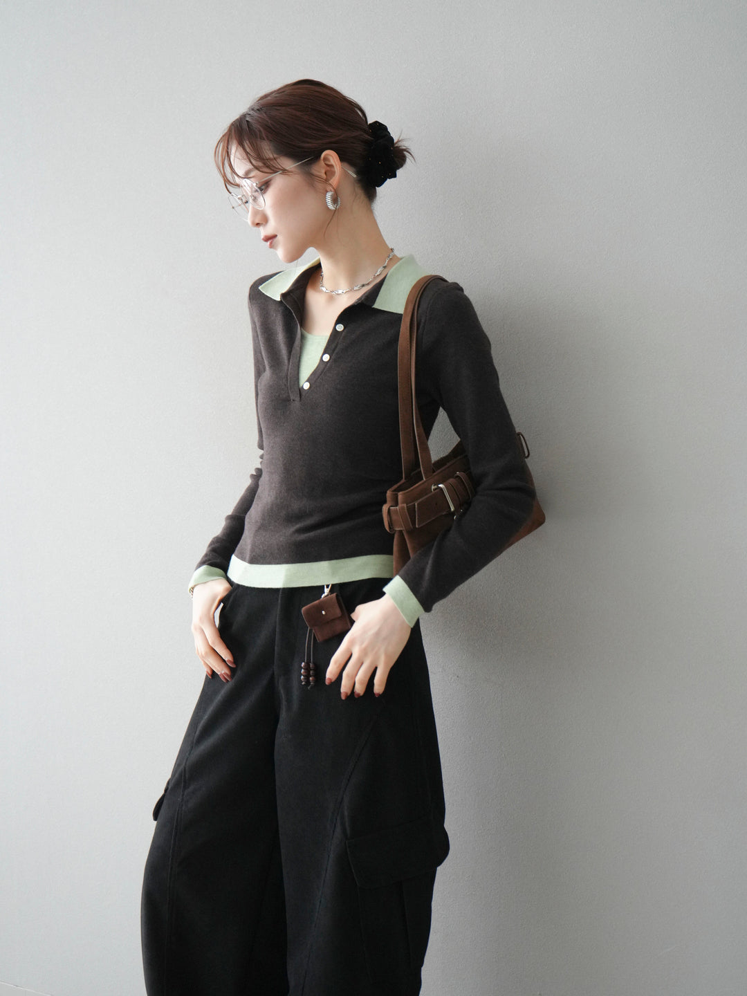 [予約]レイヤード配色ポロニットトップス/darkbrown