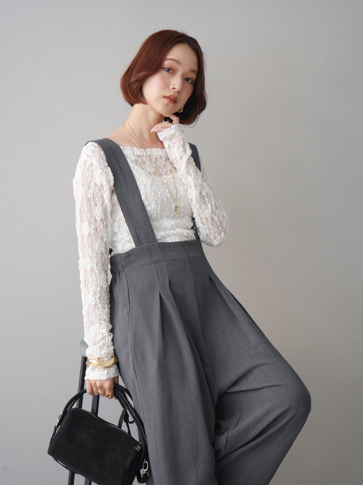 [SET]サイドギャザーレーストップス+シボ加工ハイウエストタックサロペット(2set)