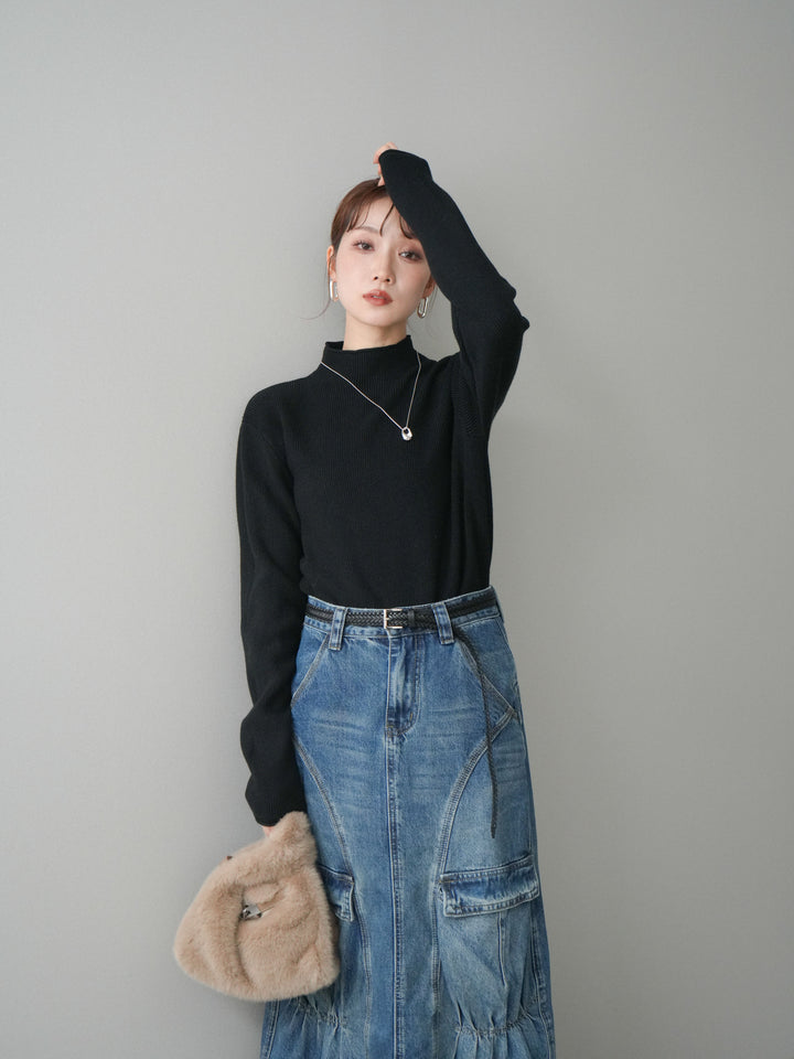 [予約]ボトルネック裾カールリブニットトップス/black