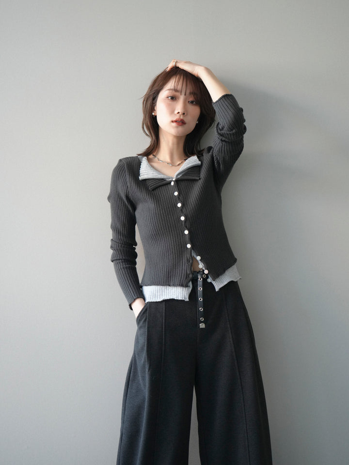 [予約]配色レイヤードリブニットカーディガン/charcoal