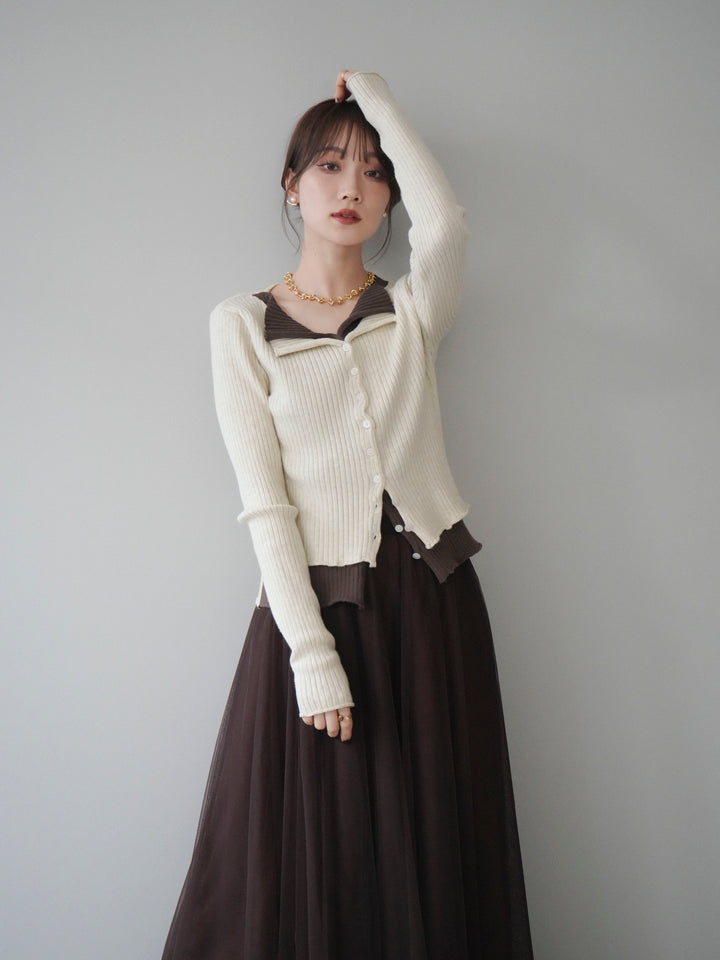 [予約]配色レイヤードリブニットカーディガン/ivory