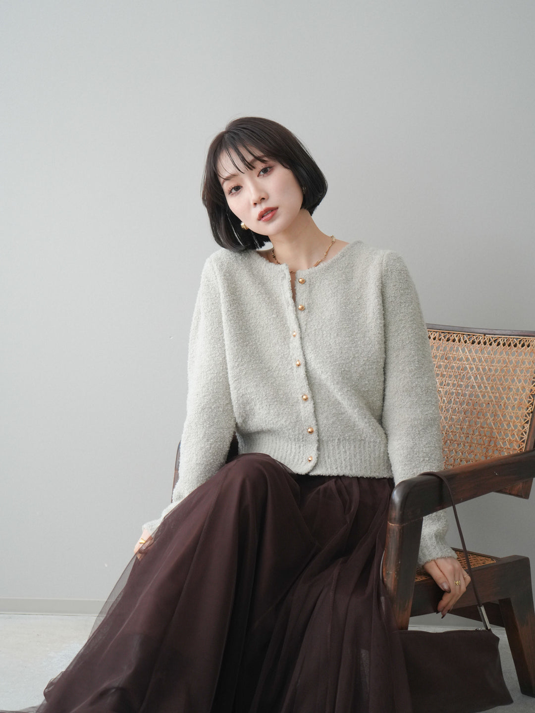[SET]ゴールドボタンブークレニットカーディガン+チュールボリュームスカート(2set)