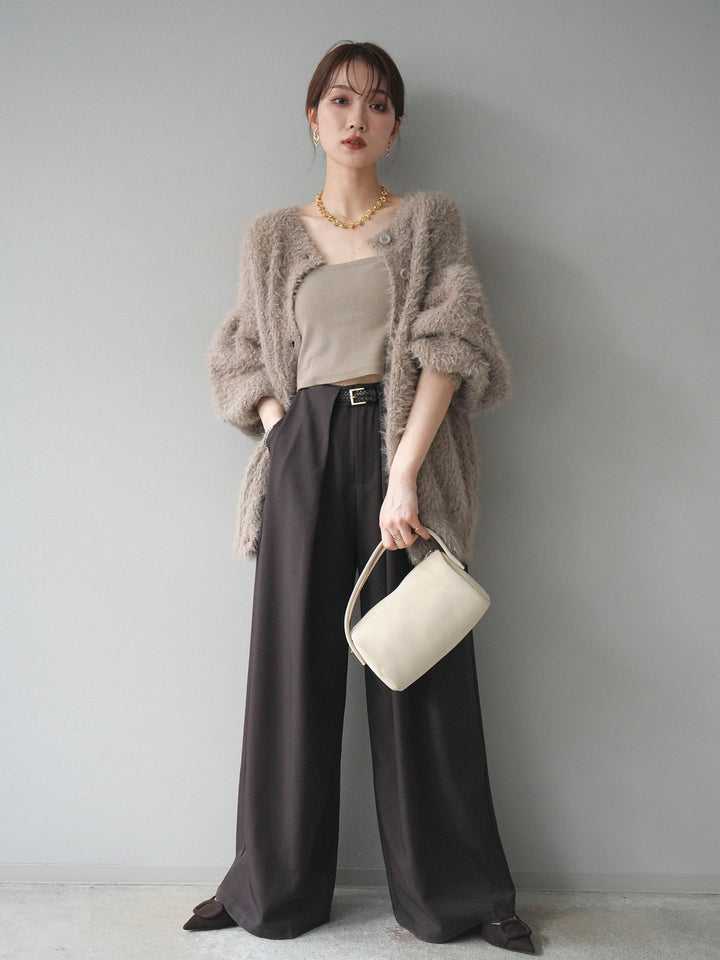 [SET]クルーネックランダムシャギーカーディガン+ベルトループデザインワイドパンツ(2set)