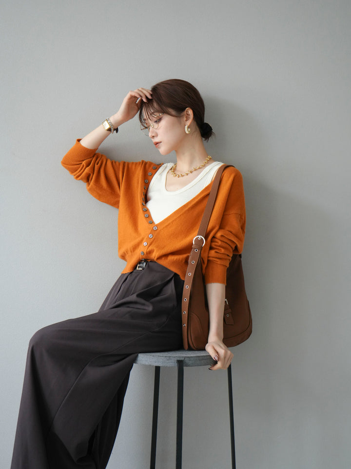 [SET]デザインボタンニットカーディガン＆タンクトップSET+ベルトループデザインワイドパンツ(2set)