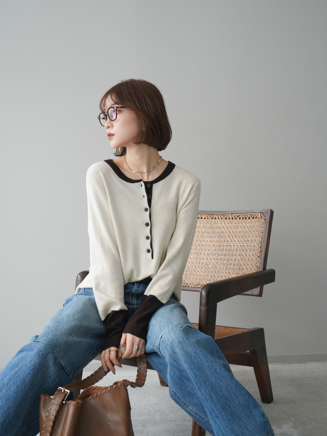 [SET]ヘンリーネック配色ニットソー+ベルト付3Dカーブワイドデニムパンツ(2set)