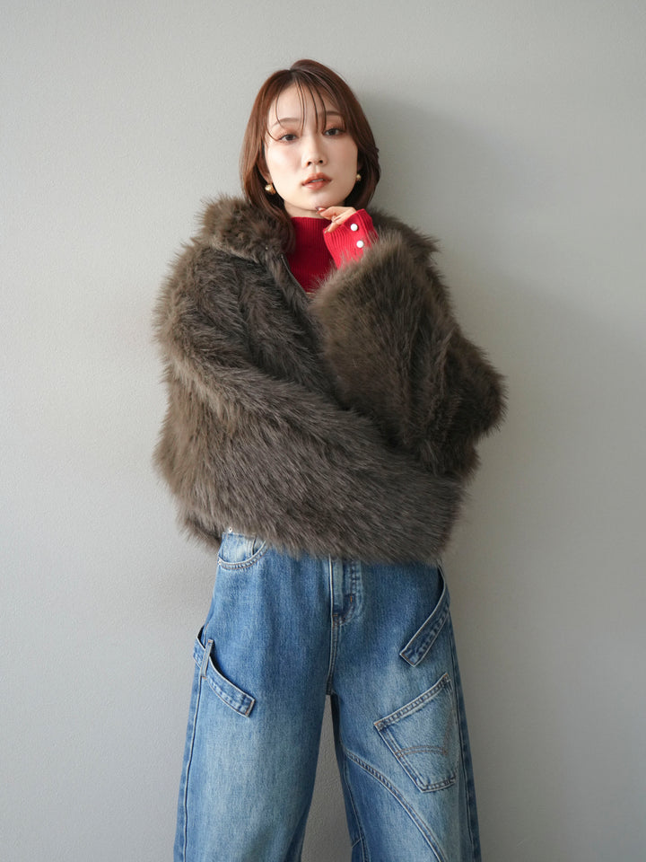 [予約]フェイクファーショートZIPジャケット/brown