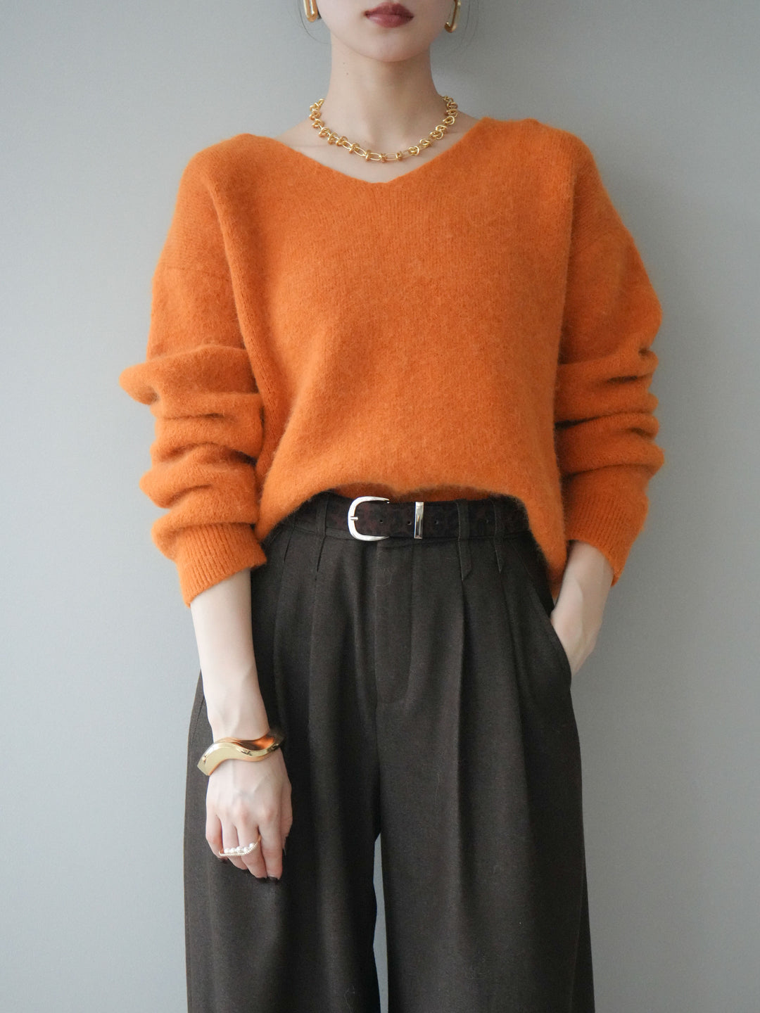 [予約]シュシュ付きアンゴラタッチVネックニットプルオーバー/orange