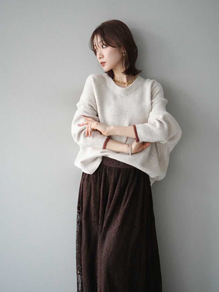 [SET]Vネック配色スリーブニットプルオーバー+選べるアクセセット(2set)