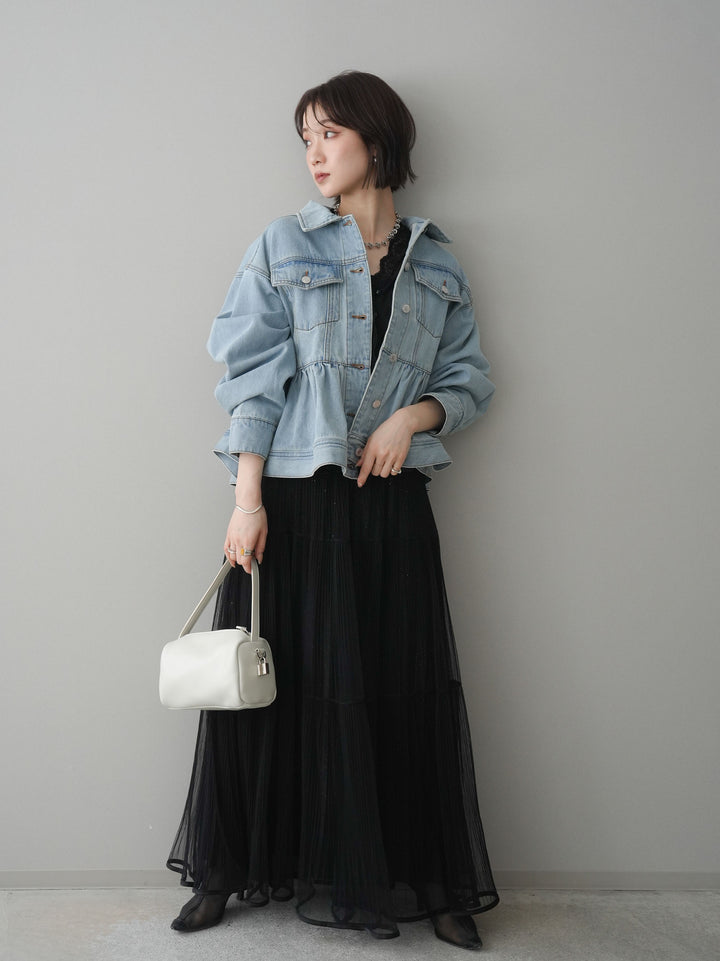 【套裝】荷葉邊牛仔外套+無袖緞面蕾絲吊帶背心+亮片褶皺多層薄紗長裙（三件套）