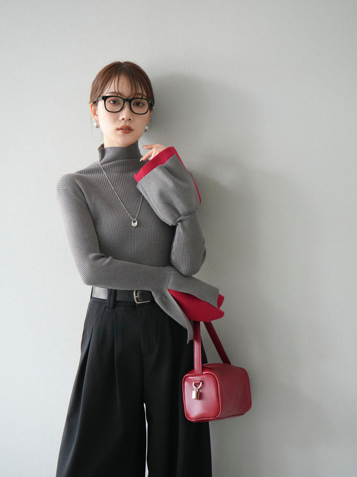 [SET] 疊層喇叭袖高領針織上衣 + 雙褶寬褲 (2 套)