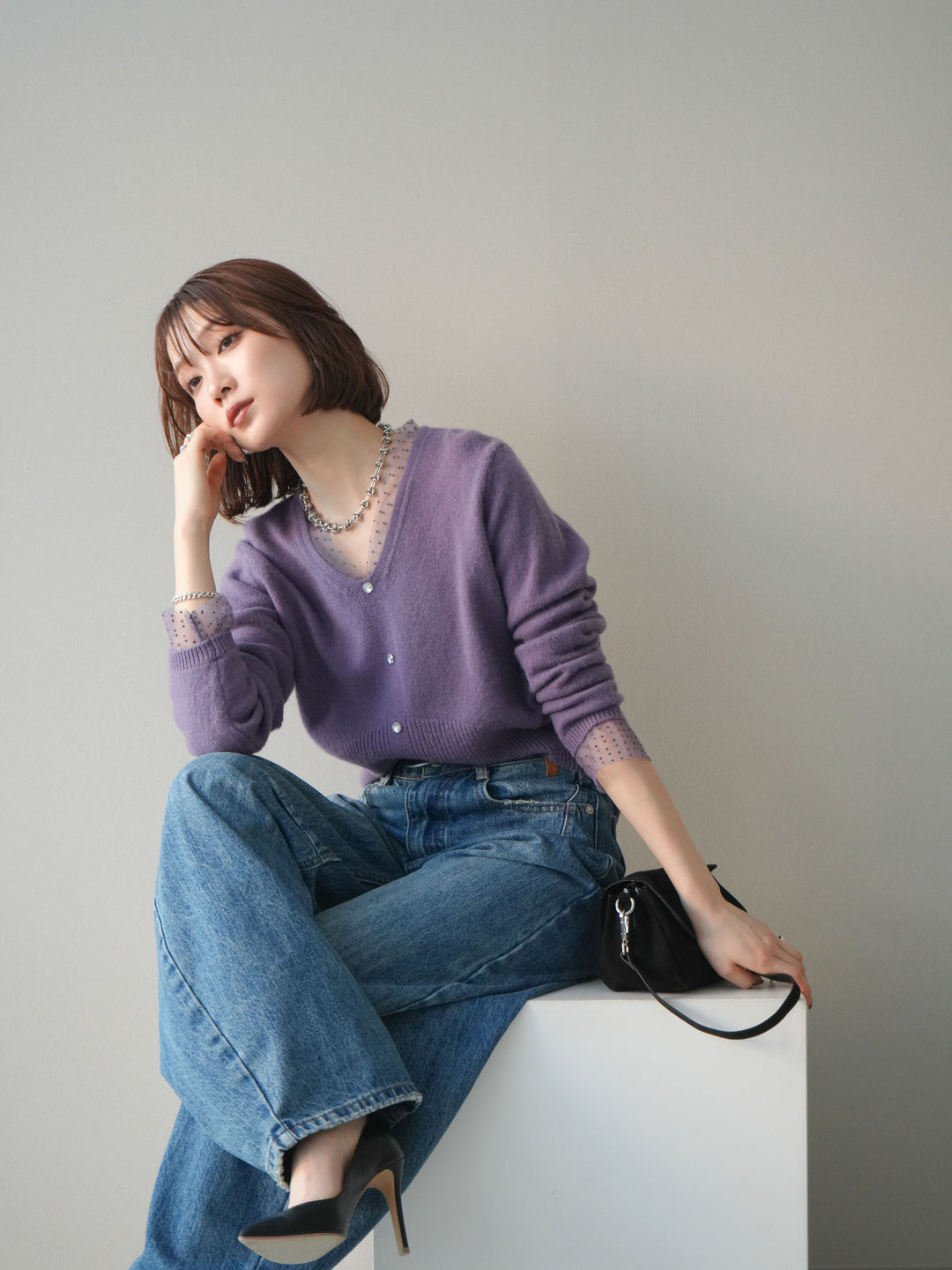 [予約]ドットチュールレイヤードボタンニットトップス/purple