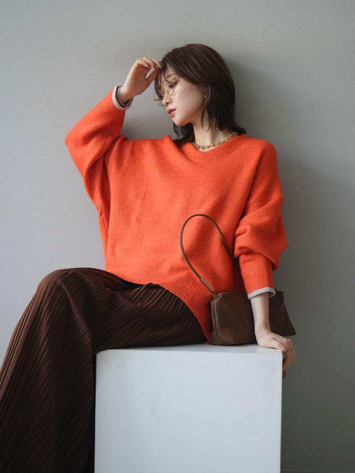 [SET]Vネック配色スリーブニットプルオーバー+選べるアクセセット(2set)