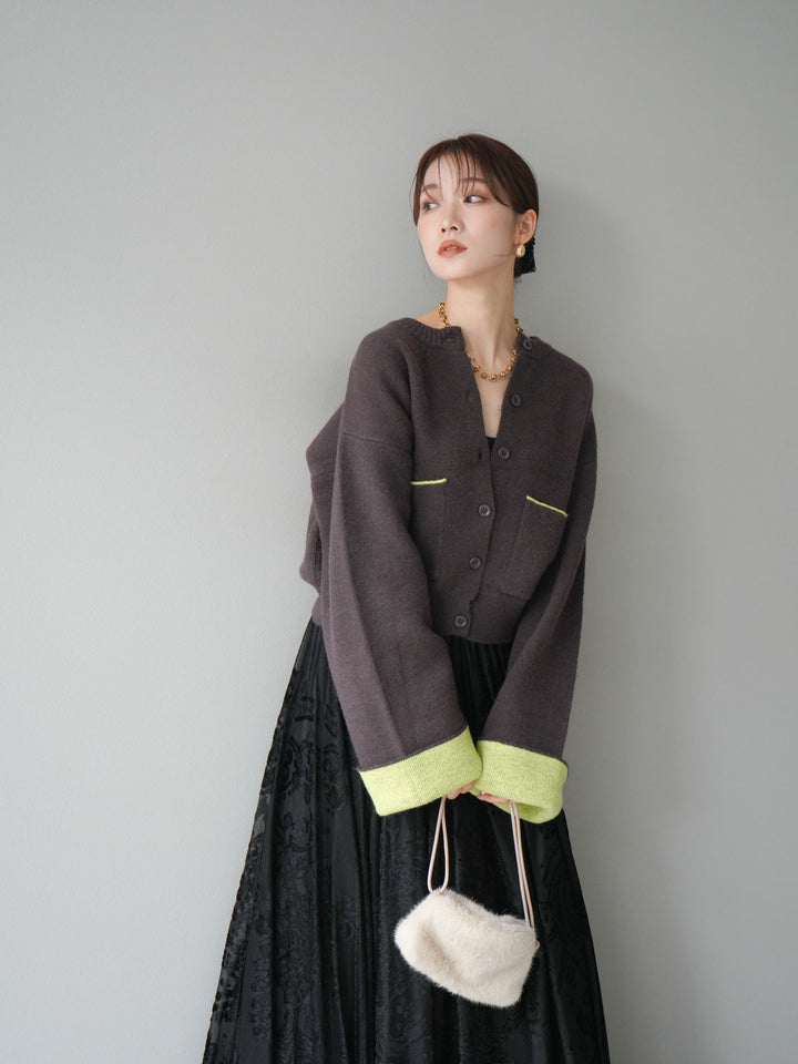 [SET]バイカラーオーバーニットカーディガン+アンティーク柄フロッキーマキシスカート(2set)