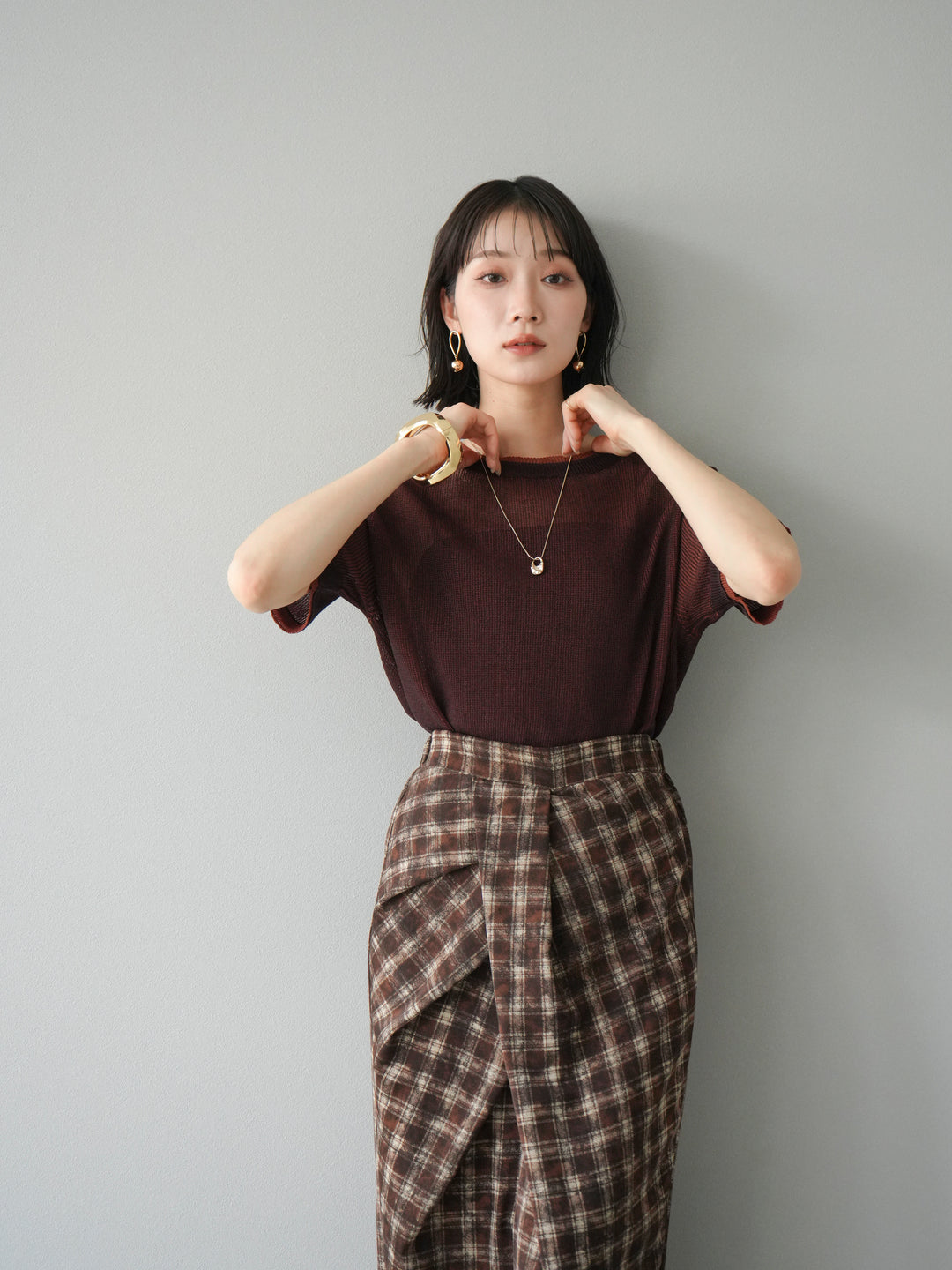 [SET]リネンタッチ配色二重臼ハーフニットトップス+選べるアソート柄スカートセット(2set)