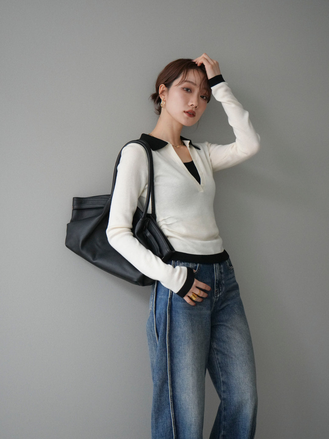 [予約]レイヤード配色ポロニットトップス/beige