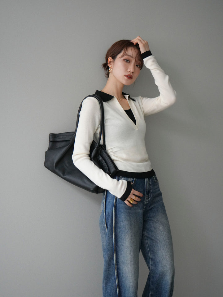 [予約]レイヤード配色ポロニットトップス/beige