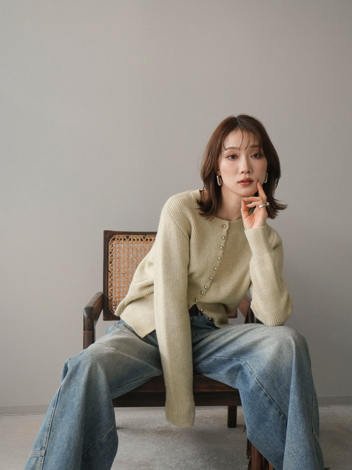 [SET]シルバーボタン畦編みニットカーディガン+ベルト付カーブデニムパンツ(2set)