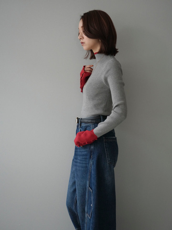 [SET]袖ボタンハイネック配色リブニットトップス+選べるアクセセット(2set)