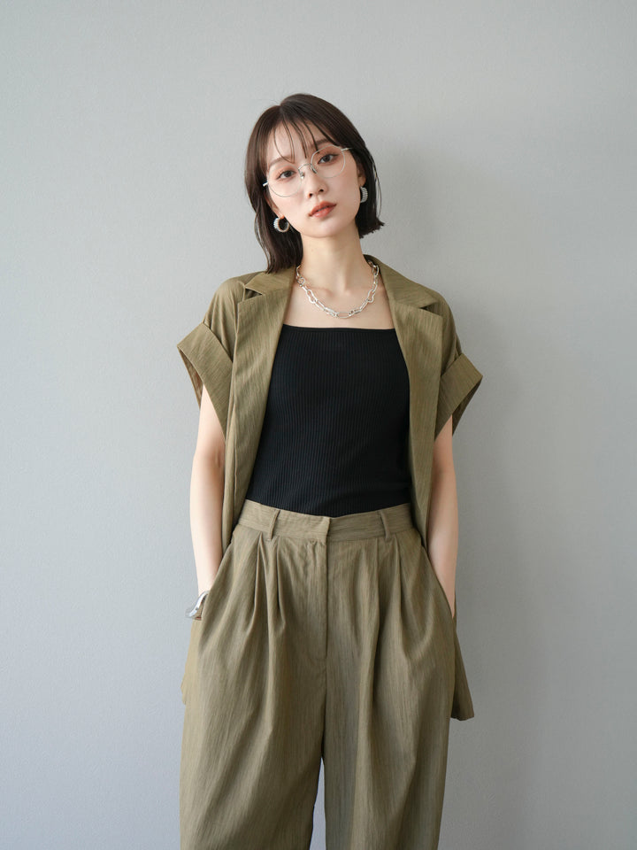 [套裝] 亞麻風格無袖雙背心 + 雙肩帶剪裁羅紋胸罩吊帶背心（2 件套）