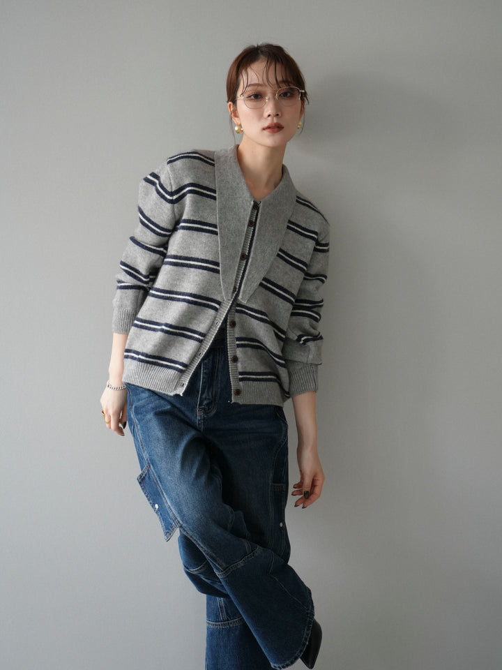 [予約]ボウタイボーダーニットカーディガン/gray
