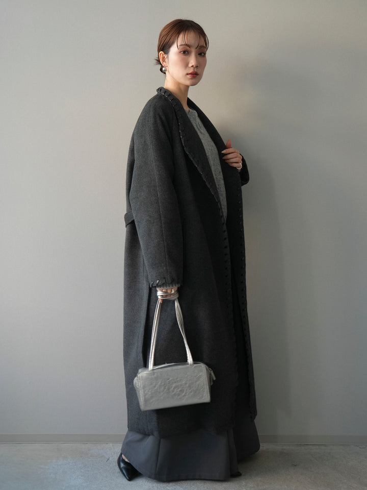 [SET]ハンドステッチ裏中綿ロングコート+ツイストネックラメネップヤーンニットプルオーバー+テープベルトタックバギーパンツ(3set)