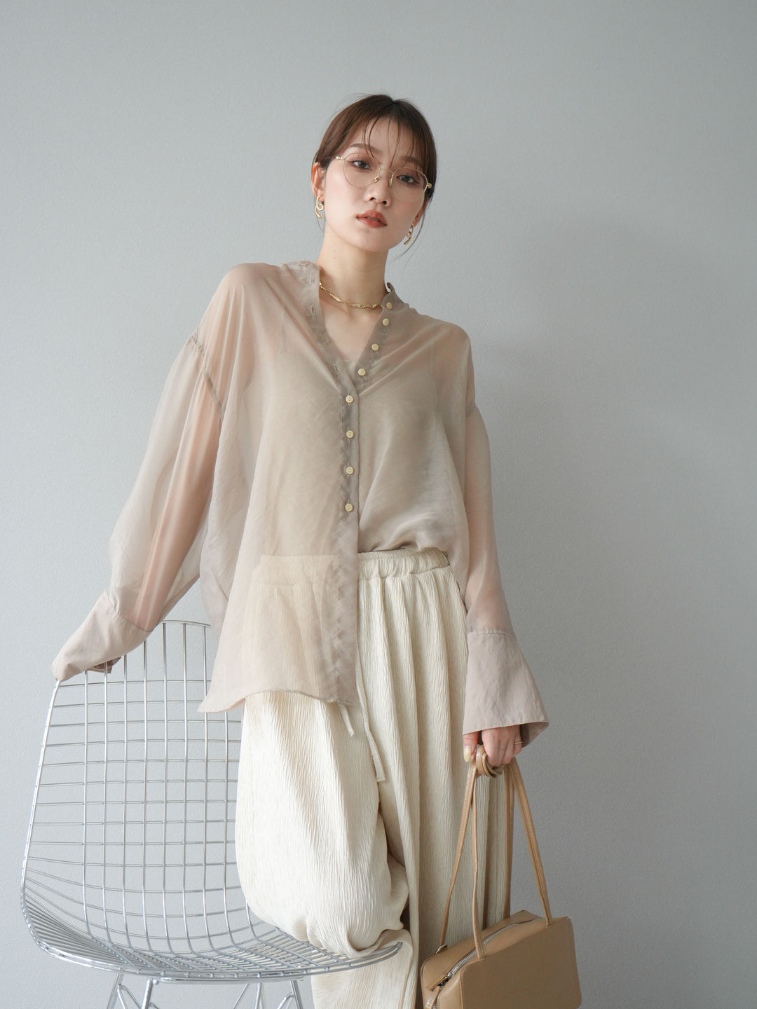[SET] 亮面透視立領襯衫 + 柳葉寬褲 (2set)