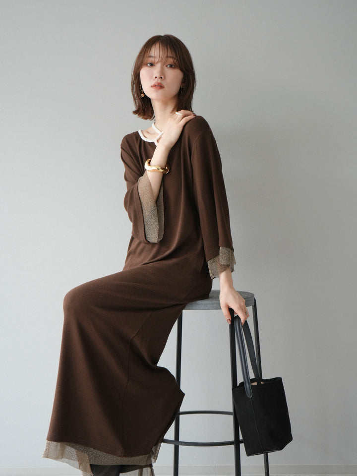 [予約]デザインネックラメシアー切替ニットワンピース/ブラウン