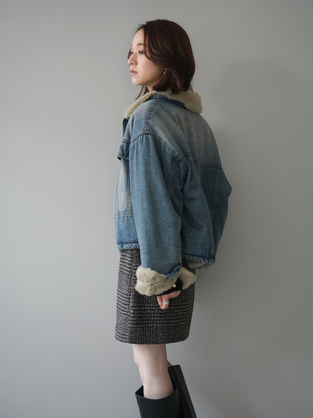 [予約]デニム×ファーステンカラーショートジャケット/lightblue