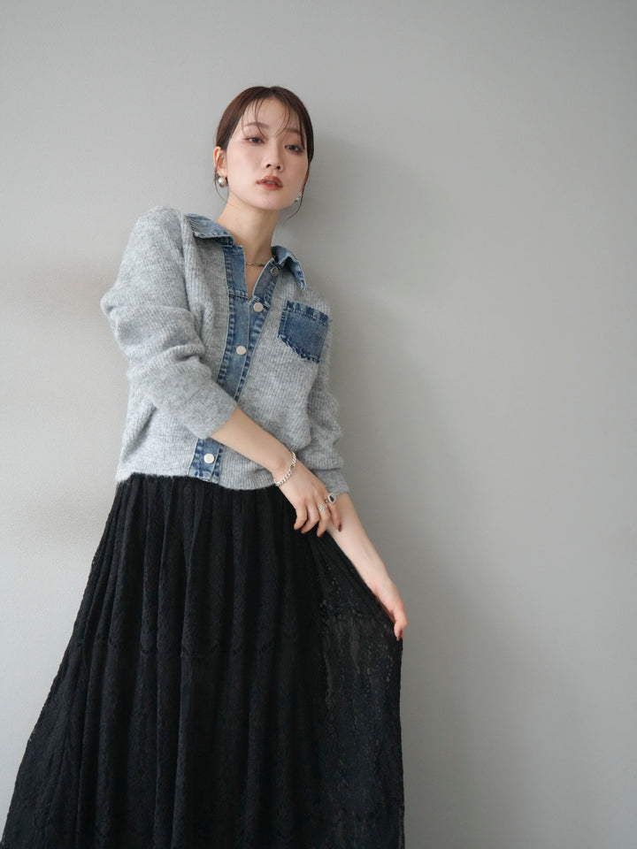 [予約]デニム襟ポケットニットカーディガン/gray