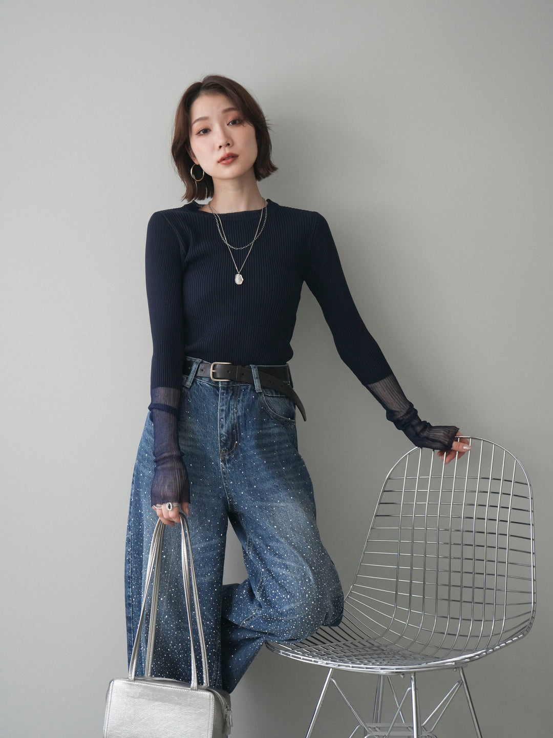 [SET]リブラメシアー切替リブニットトップス+ラインストーンカーブデニムパンツ(2set)