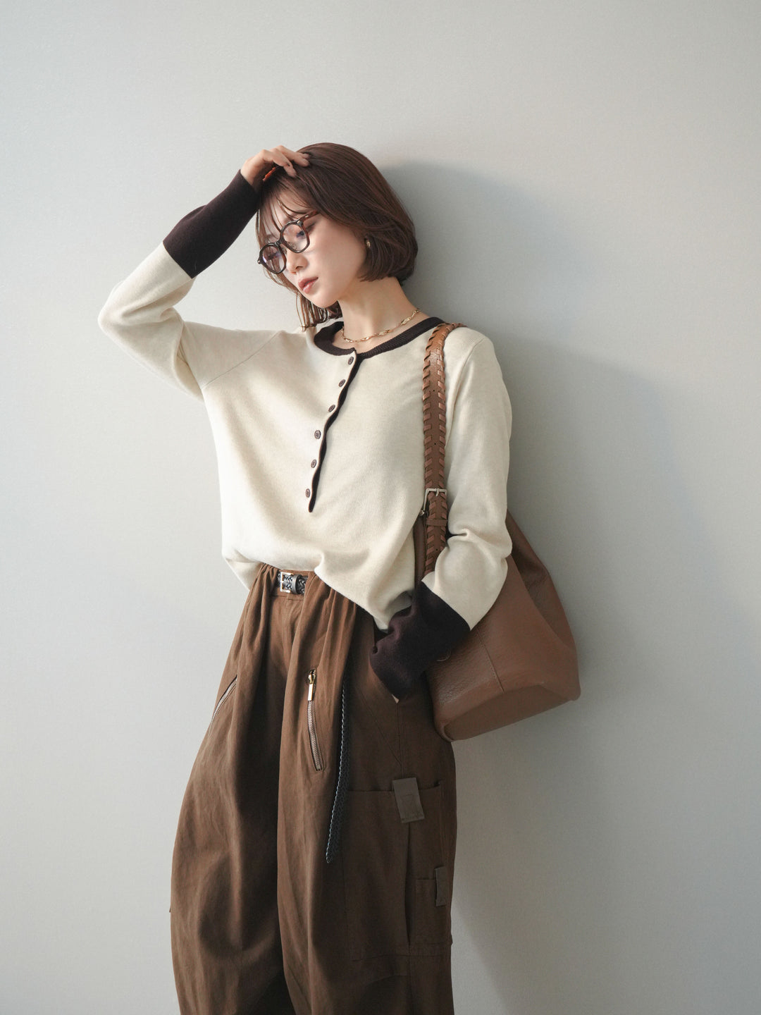 [SET]ヘンリーネック配色ニットソー+コットンタックループパンツ(2set)