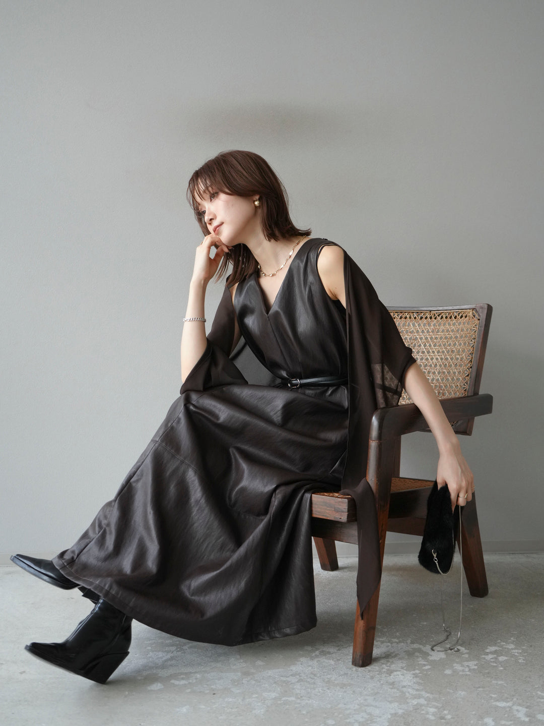 [予約]レザーAラインワンピース/ブラウン