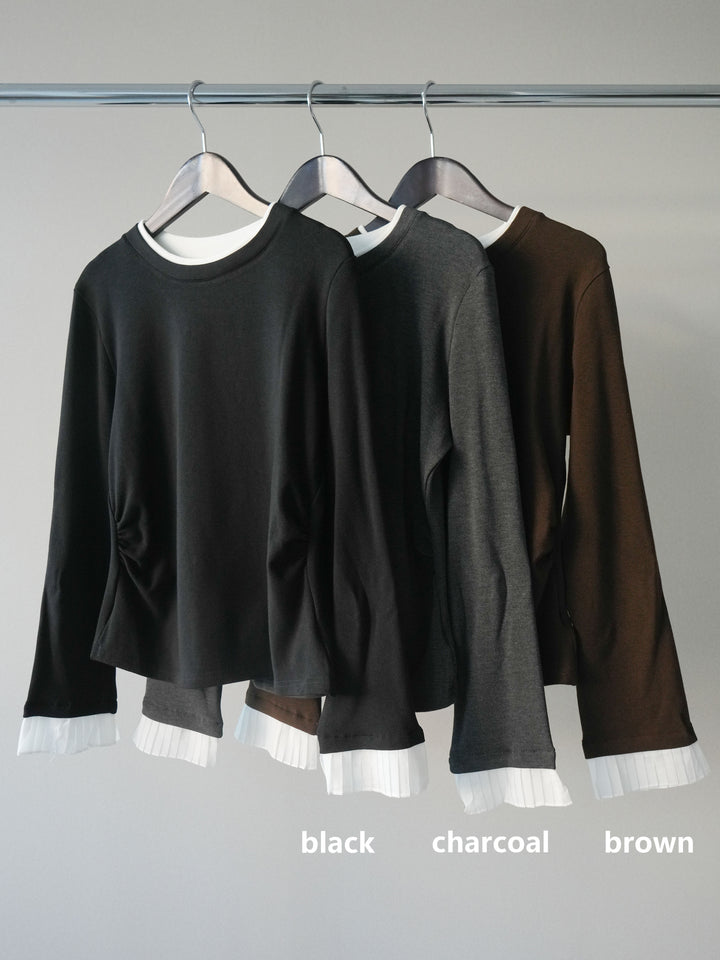 [SET]袖プリーツ配色レイヤードトップス+ベルトデザインループコールテンワイドパンツ(ベルト付き)(2set)