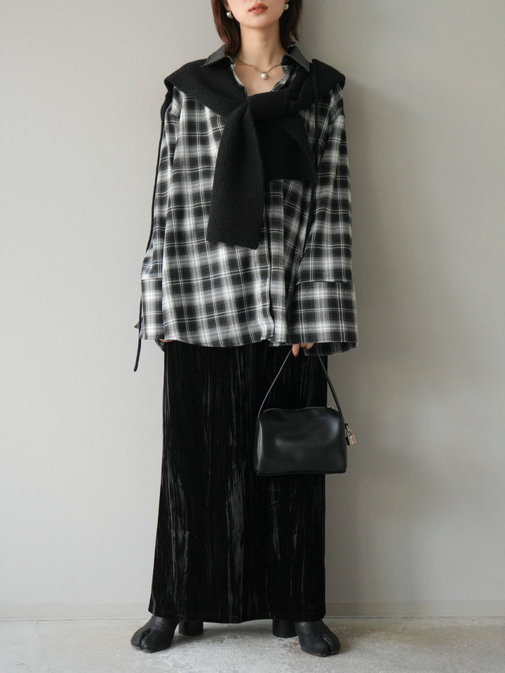 【着回しセット】[SET]レザー襟オンブレチェックオーバーシャツ +クラッシュベロアナロースカート+ツイードハーフパンツ(3set)