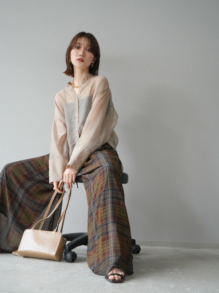 [SET] 亮面透視立領襯衫 + 透視格紋寬鬆褲 (2 件套)
