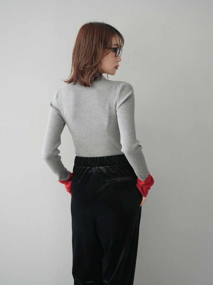 [予約]袖ボタンハイネック配色リブニットトップス/gray