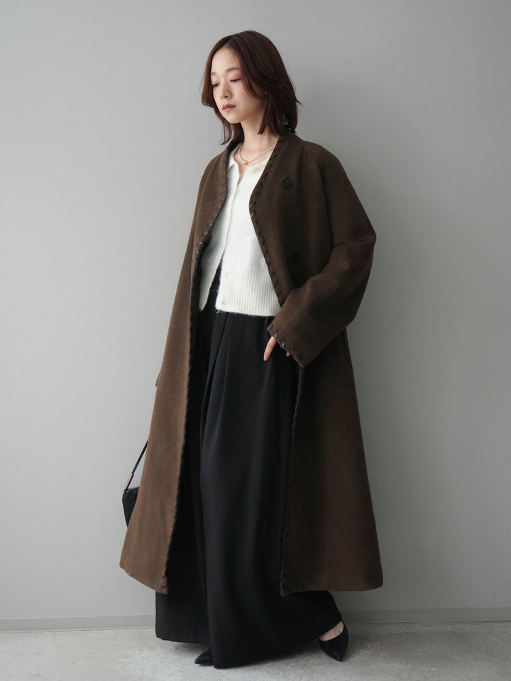 [SET]ハンドステッチ裏中綿ロングコート+テープベルトタックバギーパンツ(2set)