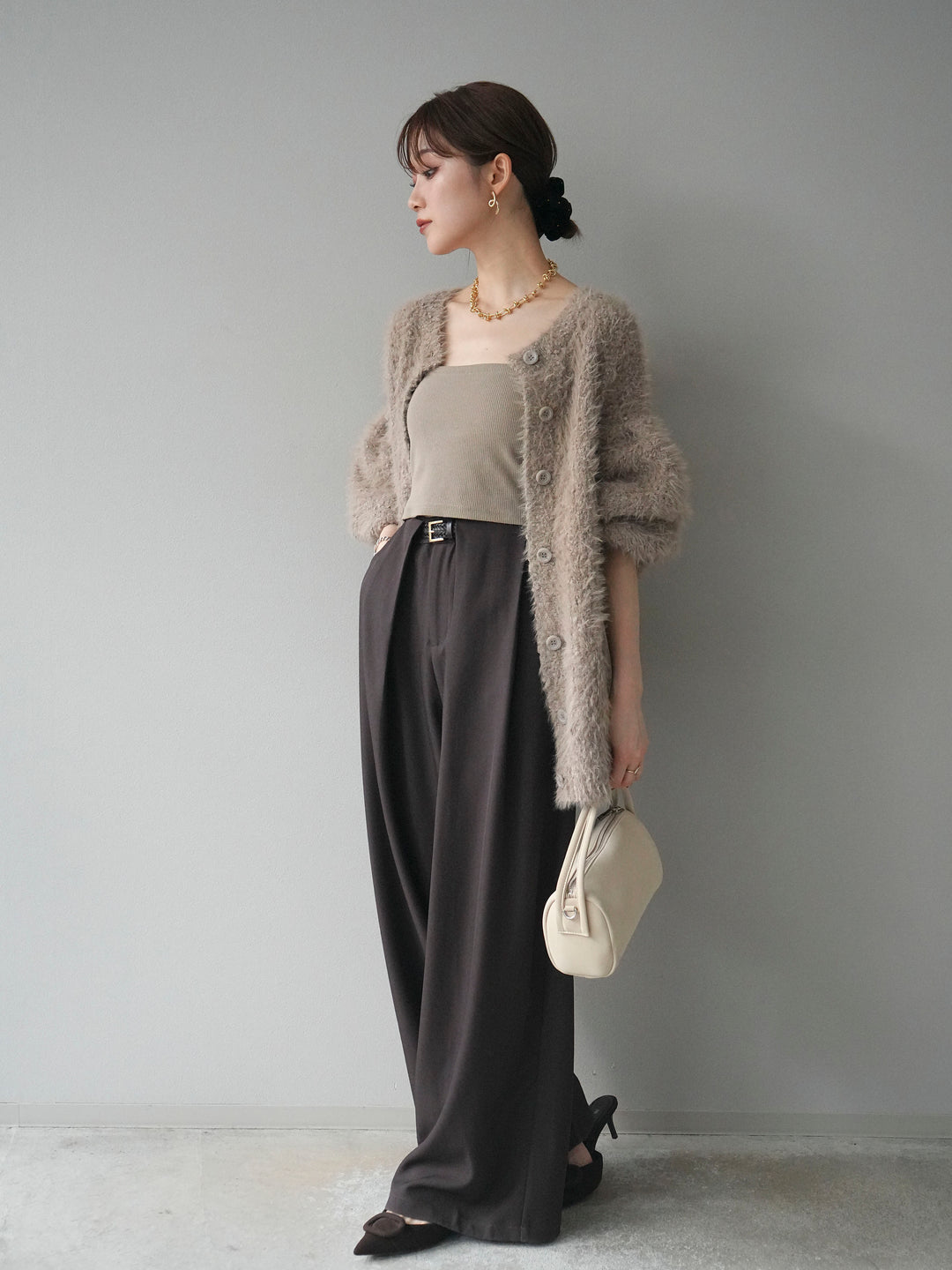 [SET]クルーネックランダムシャギーカーディガン+ベルトループデザインワイドパンツ(2set)