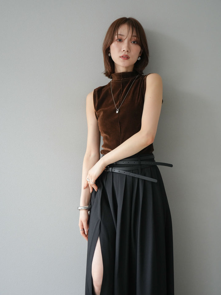 [SET]シアーベロアプチネックノースリーブトップス+エステルプリーツスリットスカート(2set)