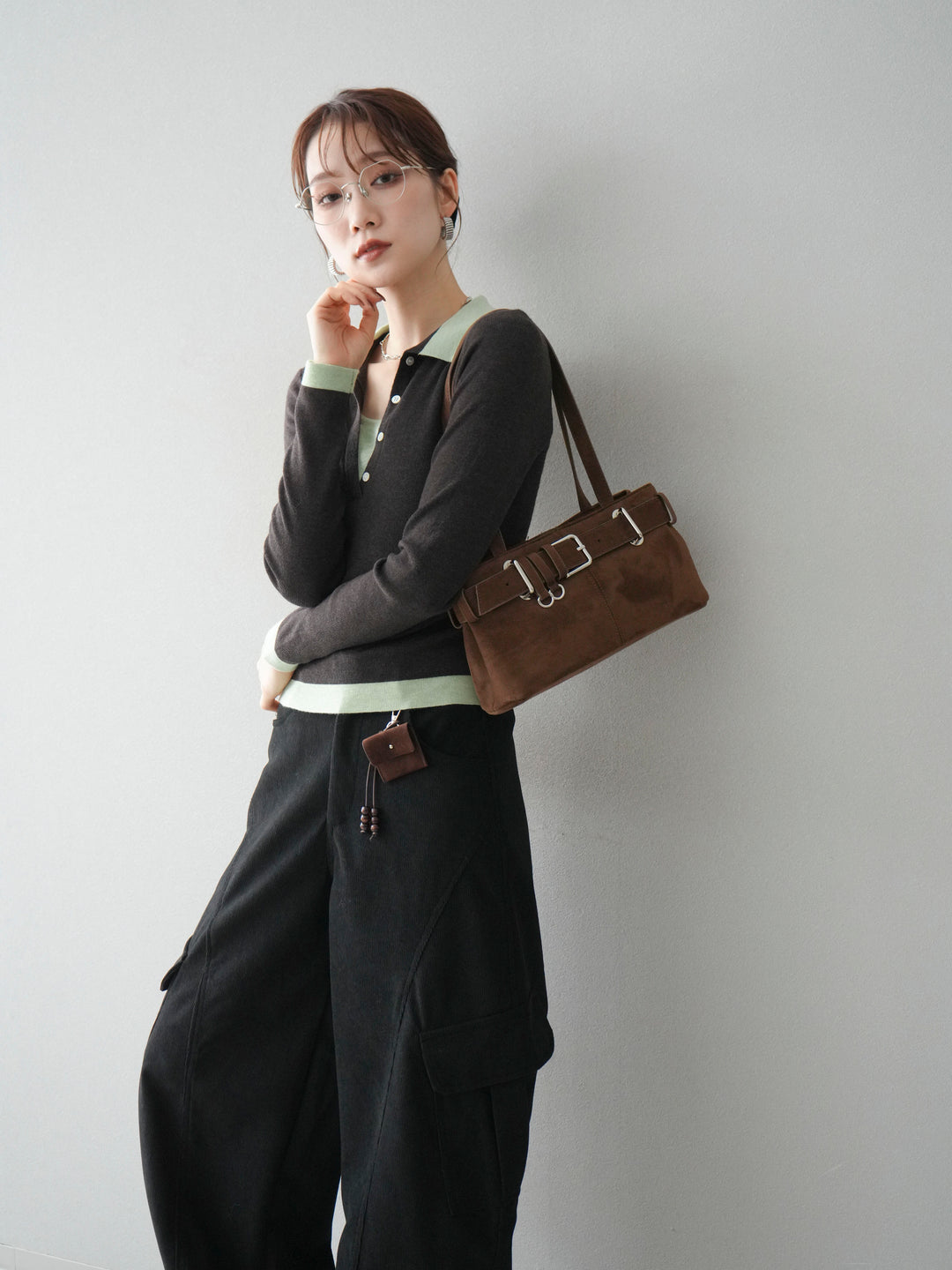 [予約]レイヤード配色ポロニットトップス/darkbrown