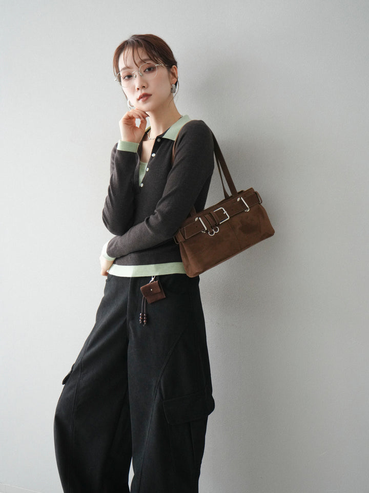 [予約]レイヤード配色ポロニットトップス/darkbrown