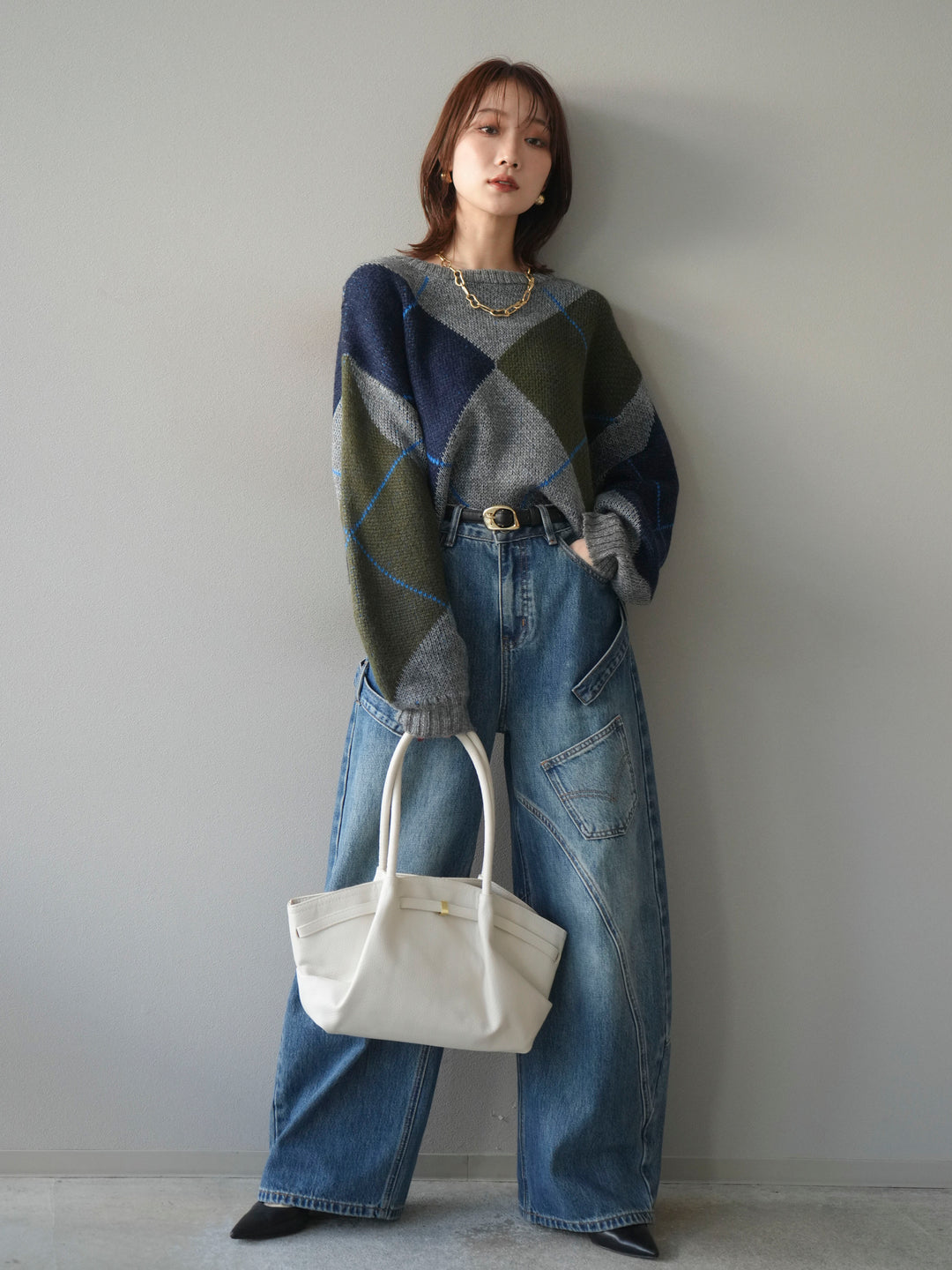 [SET]配色ステッチアーガイル柄ニットプルオーバー+ペインターカーブデニムパンツ(2set)