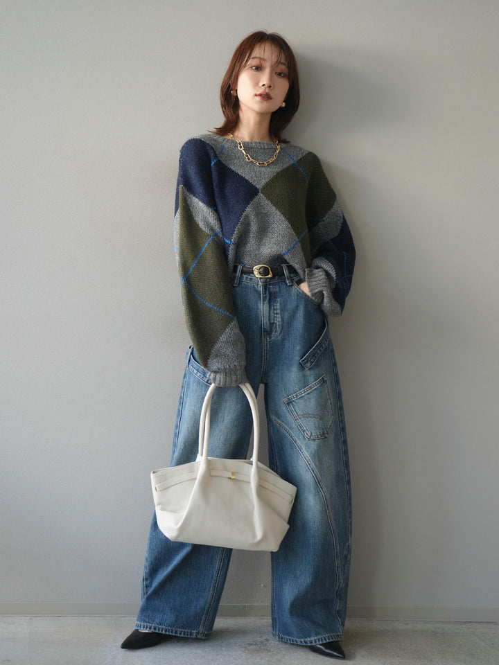 [SET]配色ステッチアーガイル柄ニットプルオーバー+ペインターカーブデニムパンツ(2set)