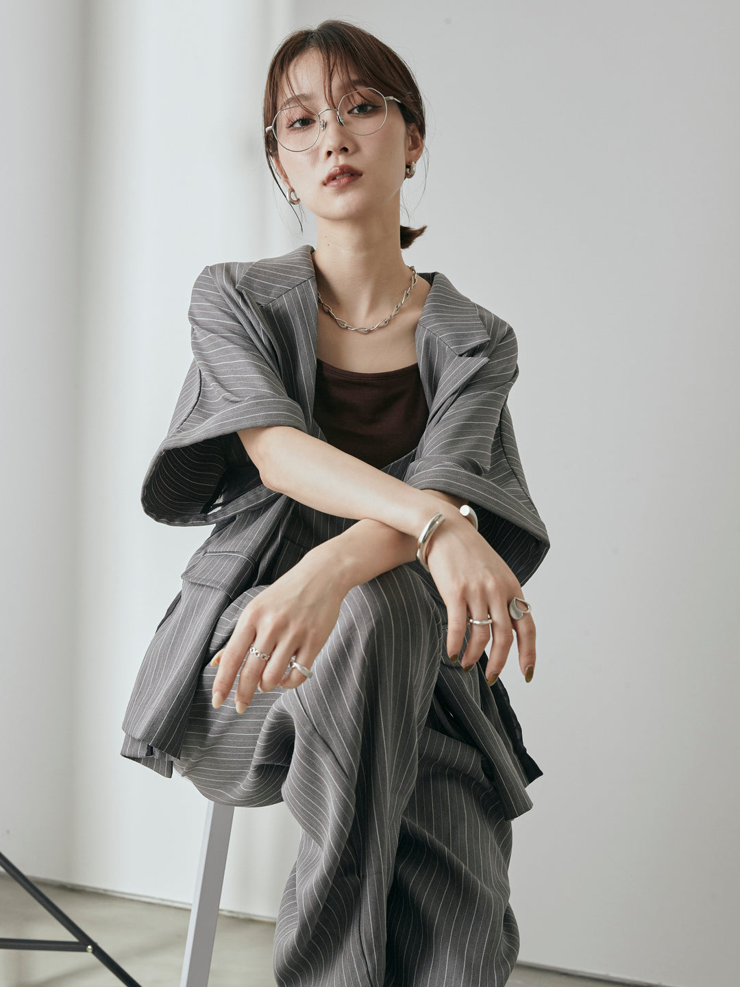 [予約]ヘリンボーンストライプサロペット/チャコール