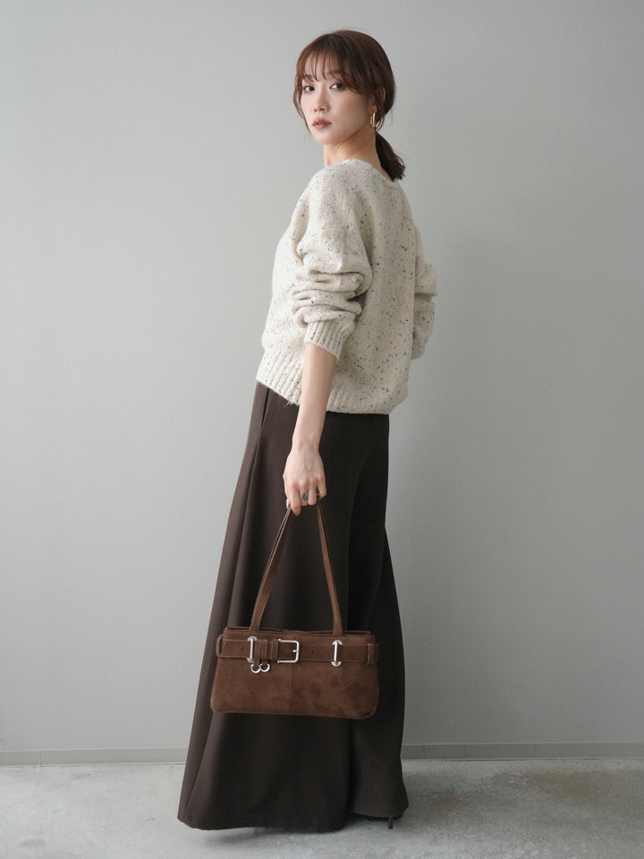 [SET]ツイストネックラメネップヤーンニットプルオーバー+テープベルトタックバギーパンツ(2set)