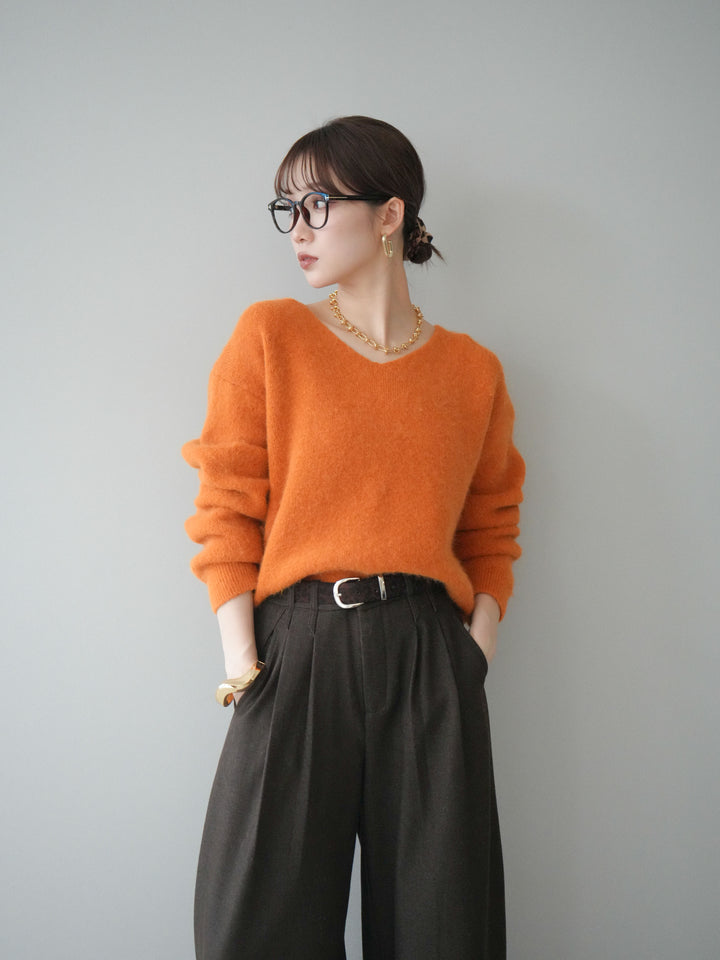 [SET]シュシュ付きアンゴラタッチVネックニットプルオーバー+選べるアクセセット(2set)